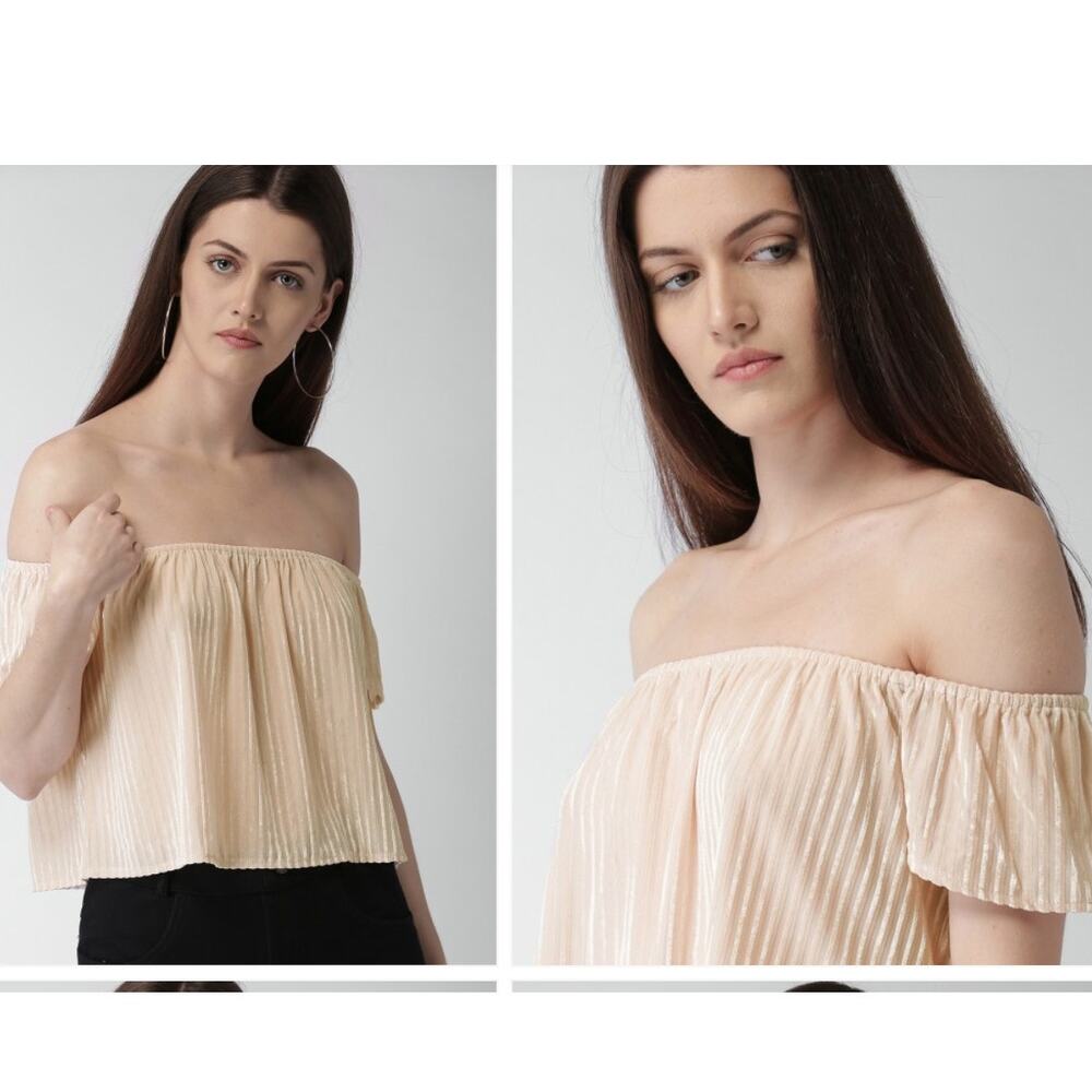 NWT Forever21+ Pink Blush Peach Velvet Stripped Off‎ the Shoulder Top Blouse